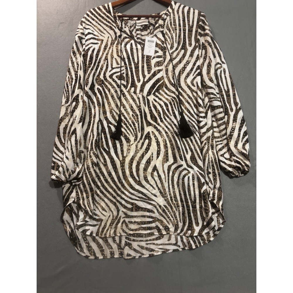 NEW Chico's Top Womens Size 2 L Animal Print Stripe Tunic Boho Tassel 3/4 Slv